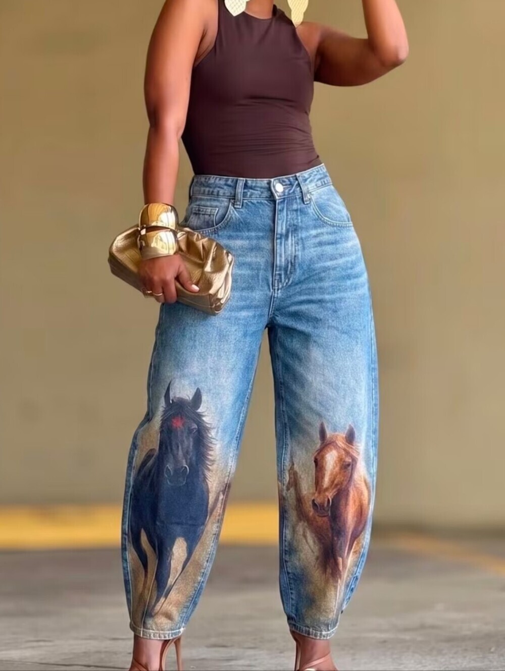Jeans, High Waist Loose Straight Vintage Washed Denim Trousers, Horse Print - Picture 3 of 4